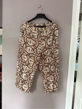 Women's Cream & Brown Patterned Relaxed Pants